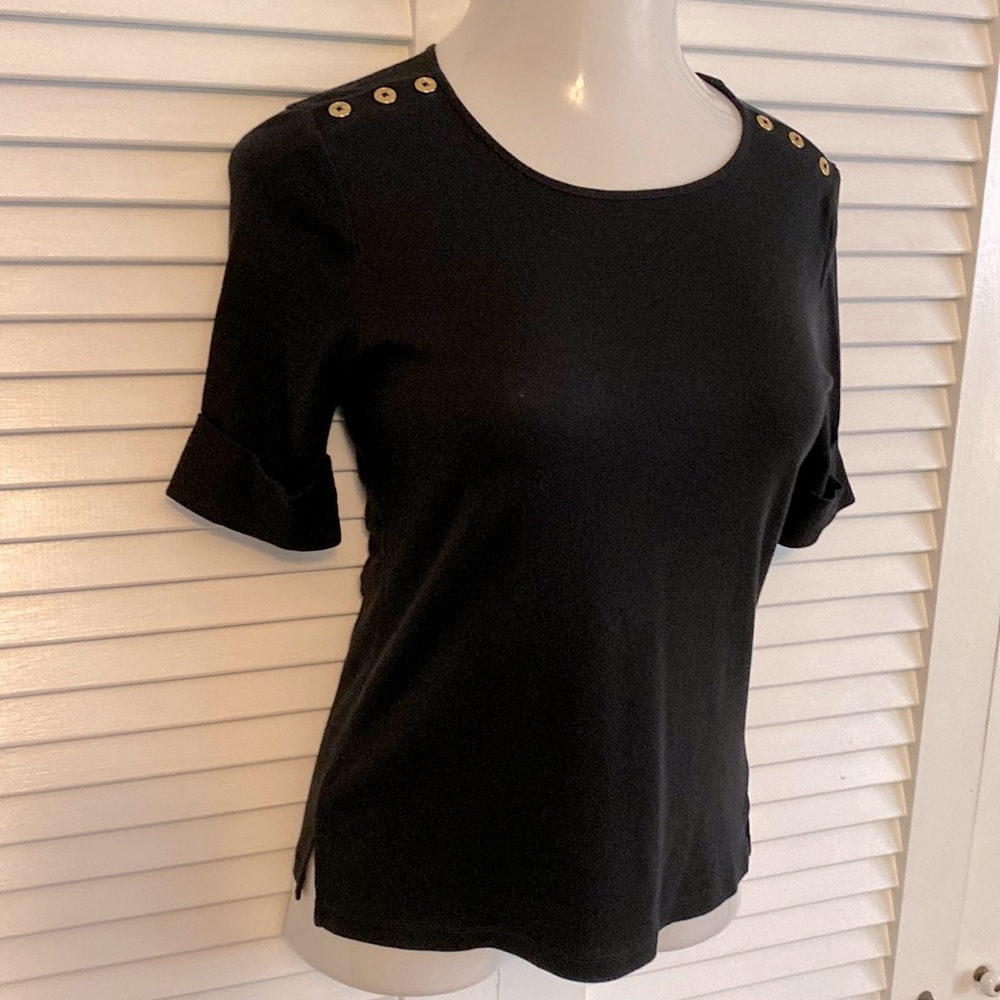 Lauren RL black tee cuffed short sleeve knit top gold buttons